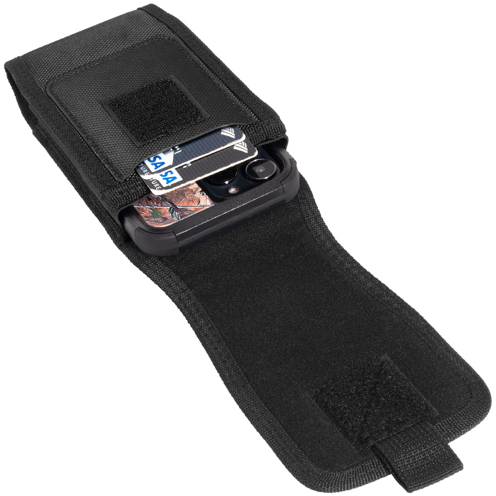 For Apple iPhone 16 Pro (6.3") Universal Vertical Pouch Case Nylon Cell Phone Holster with Belt Clip Loop, Carabiner and Credit Card Slot Cover [Black]