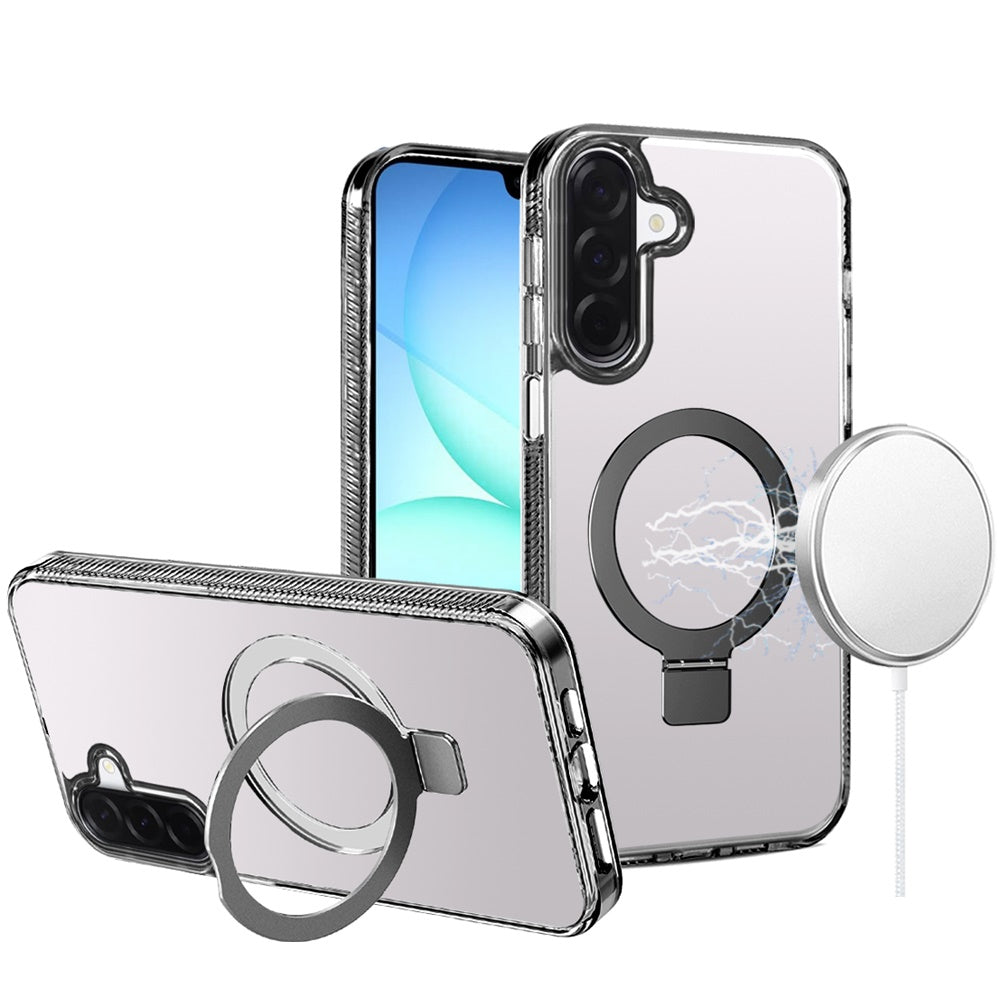 Phone Case for Samsung Galaxy A17 5G Transparent Dotted Edge Magnetic Ring Stand Shockproof Hybrid Grip Kickstand Clear Rugged Drop Protection Cover Black
