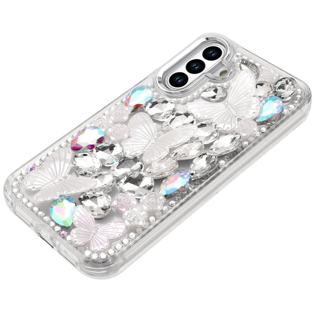 For Samsung Galaxy A36 3D Diamond Floral Butterfly Bling Stone Hybrid, Sparkly Rhinestone Gemstone Back Shockproof Case Cover