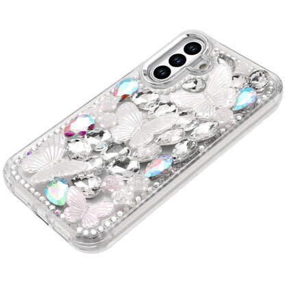 For Samsung Galaxy A36 3D Diamond Floral Butterfly Bling Stone Hybrid, Sparkly Rhinestone Gemstone Back Shockproof Case Cover