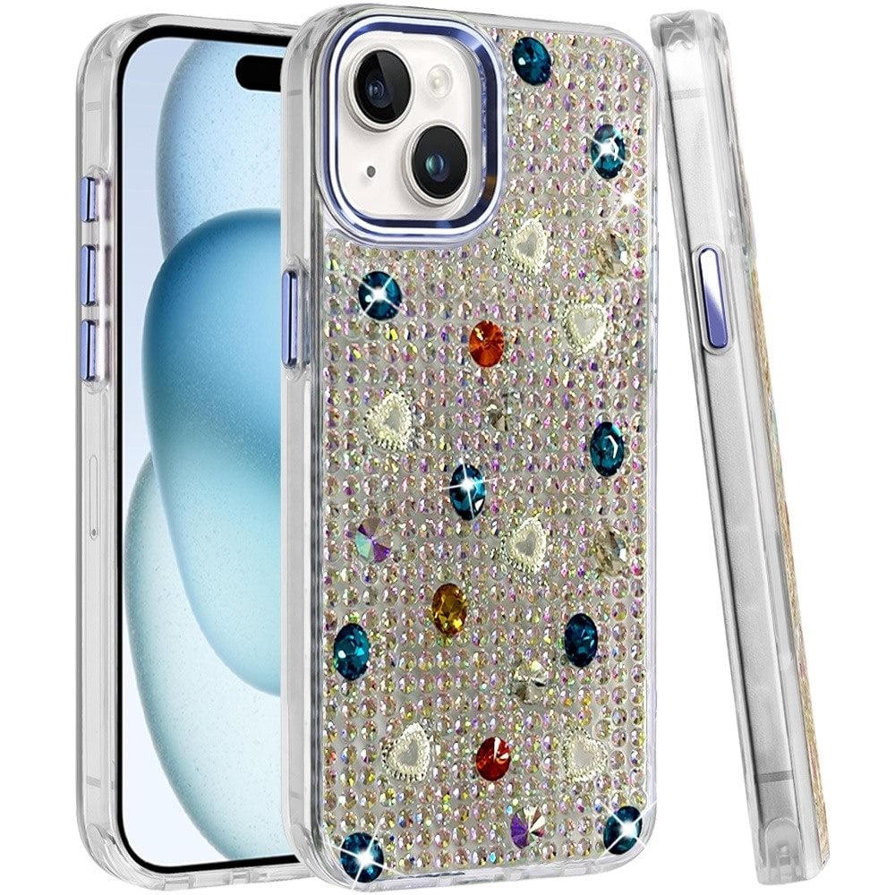 Phone Case for iPhone 15 Chrome Fashion Hybrid Bling Diamond Heart Rhinestone Decorative Stones Sparkling Embellished Design Cover