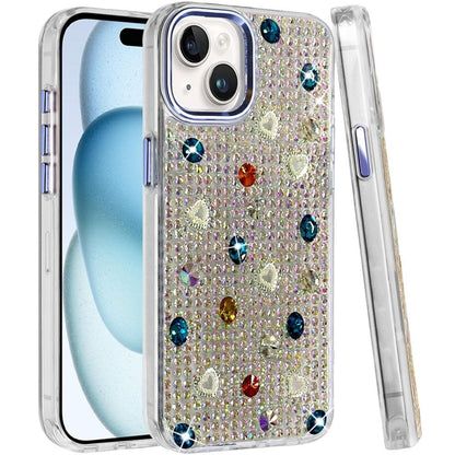 Phone Case for iPhone 15 Chrome Fashion Hybrid Bling Diamond Heart Rhinestone Decorative Stones Sparkling Embellished Design Cover