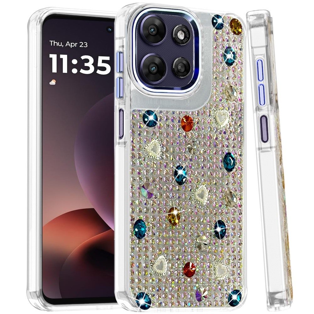 Phone Case for Moto G Power 5G (2026/2025) Chrome Fashion Hybrid Bling Diamond Heart Rhinestone Decorative Stones Sparkling Embellished Design Cover