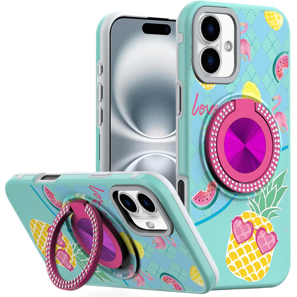 For Apple iPhone 16 Plus Pattern Design Hybrid with Invisible Ring Stand & Magnetic Back, Shockproof Protective Grip Case Cover Hot Air Balloon
