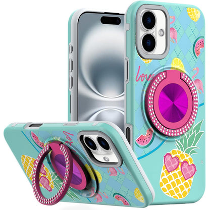 For Apple iPhone 16 Plus Pattern Design Hybrid with Invisible Ring Stand & Magnetic Back, Shockproof Protective Grip Case Cover Hot Air Balloon