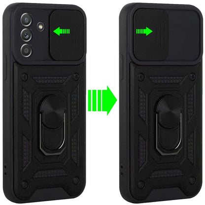 For Samsung Galaxy A15 5G Hybrid Case with Slide Camera Lens Cover, Ring Kickstand, Heavy-Duty Dual Layer TPU, Fit Magnet Car Mount Case Cover