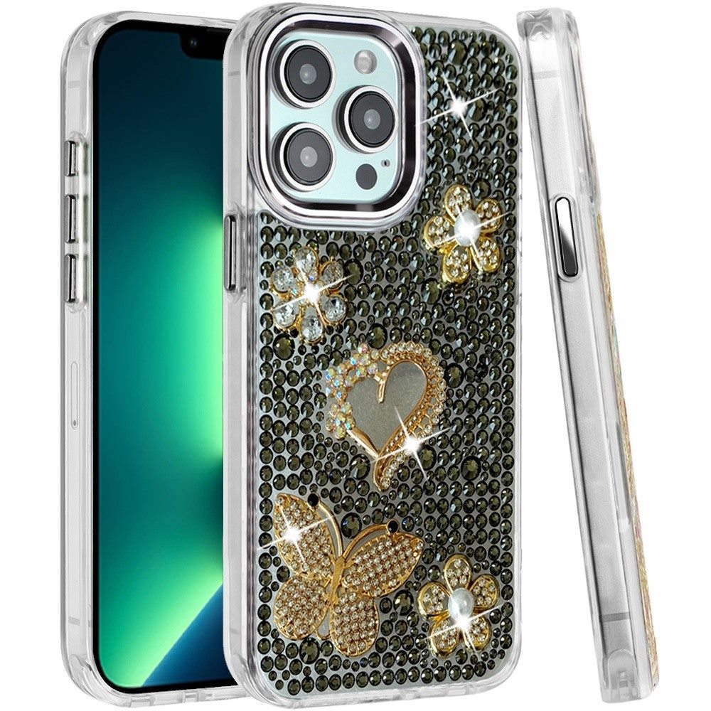 Phone Case for Apple iPhone 13 Pro Max Luxury Crystal Butterfly Floral Jeweled Heart Full Diamond Design, Sparkling Decorative Details, Elegant Style Cover