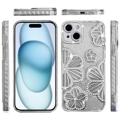 For Apple iPhone 15 Luxury Flower Design Sparkle Glitter Diamond Rhinestone Shimmer Bling Plating Thick TPU Hard PC Case Cover