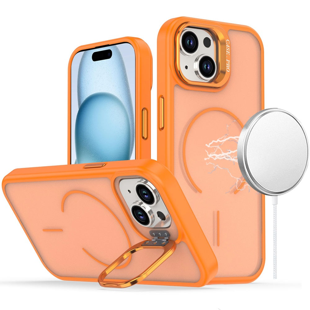 Phone Case for iPhone 15 (6.1") Premium Matte Magnetic Camera Stand Hybrid Shockproof Rugged Protective Anti Scratch Durable Grip Metal Buttons Cover Cosmic Orange