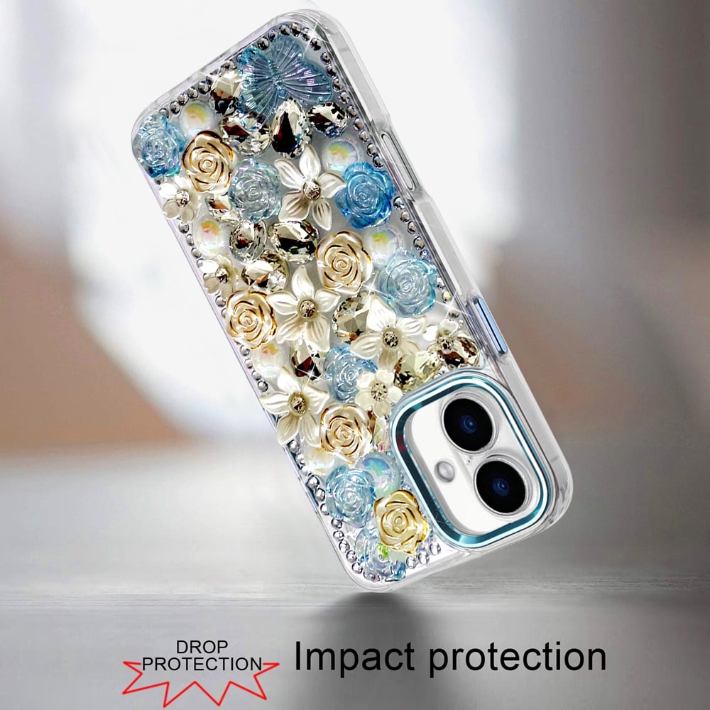 Phone Case for Apple iPhone 17 Luxury Rose Bling Rhinestone Glitter Floral Hybrid Shockproof Stylish Protective Designer Ornament Sparkle Cover Blue
