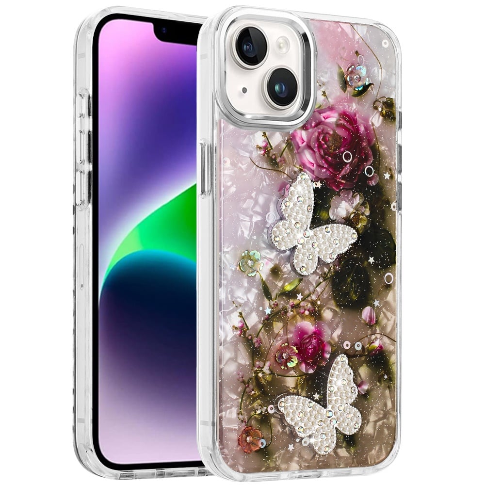 For iPhone 14/13 (6.1") Epoxy Glitter Flowers Bling 3D Butterfly Fashion TPU Hybrid with Shockproof Protection Case Cover Rose Gold