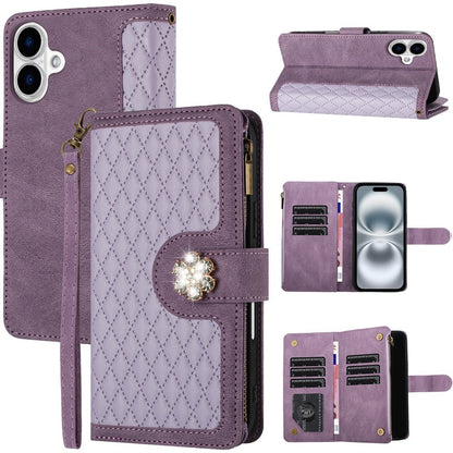 For Apple iPhone 16 Plus (6.7") PU Leather Wallet Design Jewel Bling with Credit Card Holder Flip Folio Pouch Zipper Purse Wrist Strap Case Cover