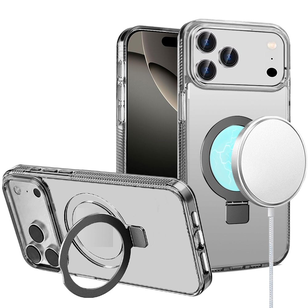 For Apple iPhone 17 Pro (6.3") Transparent Magnetic Ring Circle Stand with MagSafe Compatible Hybrid Dotted Edged Hard PC Shockproof Case Cover Black