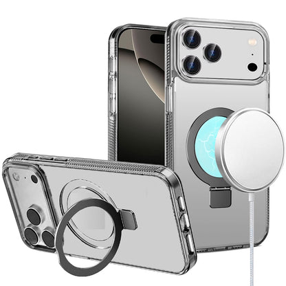 For Apple iPhone 17 Pro (6.3") Transparent Magnetic Ring Circle Stand with MagSafe Compatible Hybrid Dotted Edged Hard PC Shockproof Case Cover Black