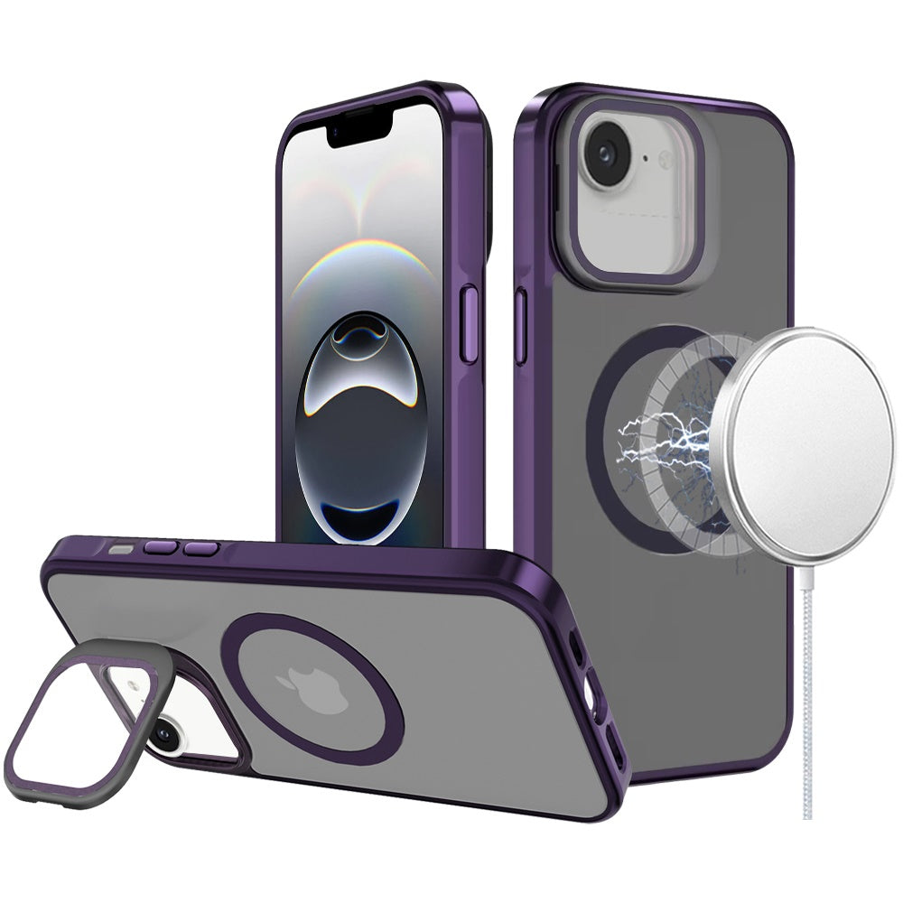 For Apple iPhone 16e Tough HQ Hybrid Case with Aluminum Frame Camera Stand, Compatible with MagSafe, Translucent Matte Shockproof Case Cover