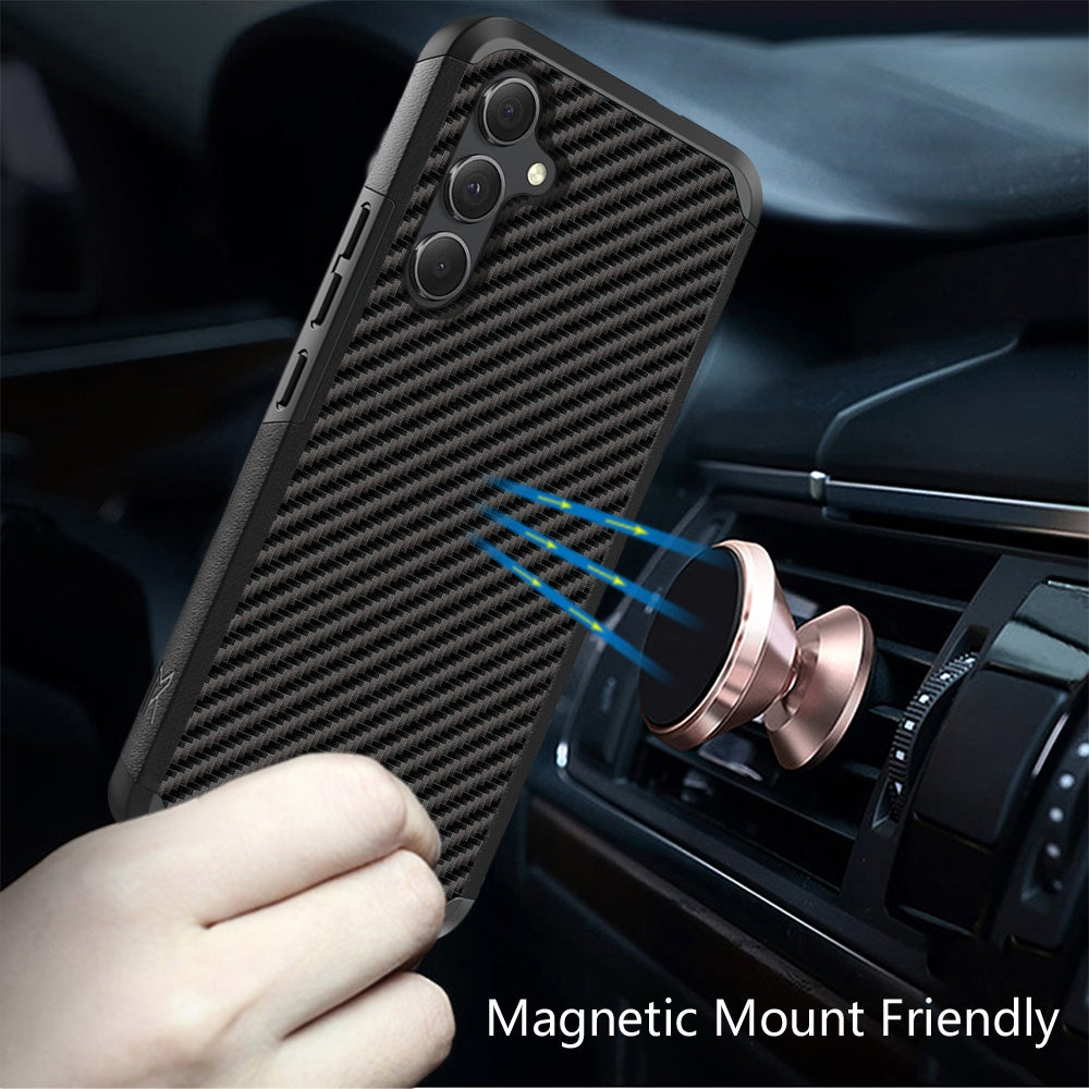 For Samsung Galaxy A36 Fashion Graphic Design Hybrid 2in1 Tough Strong Hard PC TPU Frame, Magnet Mount Friendly, Shockproof Protection Case Cover Carbon Fiber Black