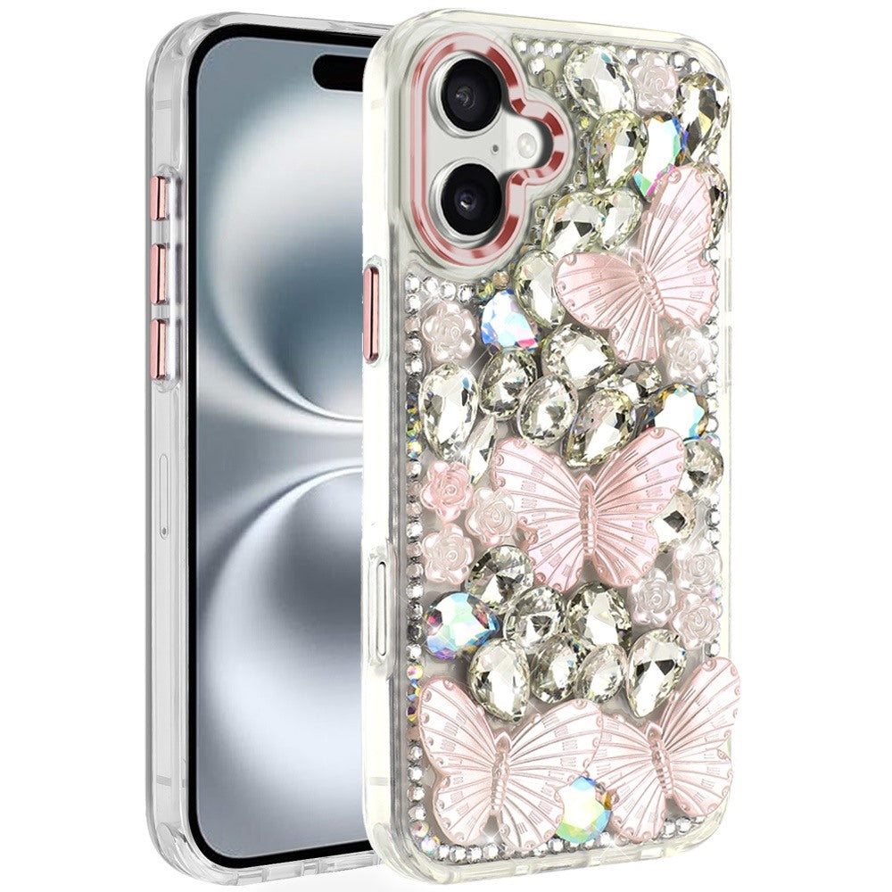 Phone Case for Apple iPhone 16 Plus Luxury 3D Floral Butterfly Bling Rhinestone Glitter Shockproof Stylish Protective Hybrid Designer Metallic Cover