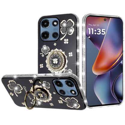 For Motorola Moto G Power 5G 2026 /2025 Diamonds Bling All Around Edges Sparkly Glitter Hybrid with Ring Stand Holder Fashion Good Luck Case Cover Cosmic Orange