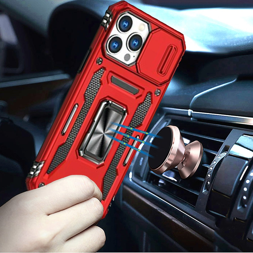 For Apple iPhone 13 Pro Tough Hybrid Case with Movable Camera Window & Metal Ring Stand Shockproof Case Cover