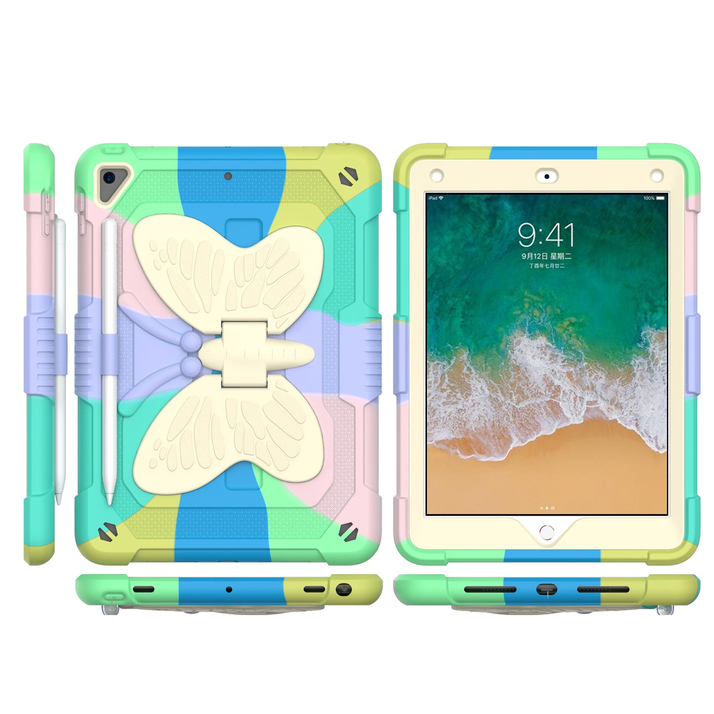 For Butterfly Wings Kickstand 3in1 Tough Hybrid with Pencil Holder Heavy Duty Rugged Shockproof Full Protective Rainbow Tablet Case Cover