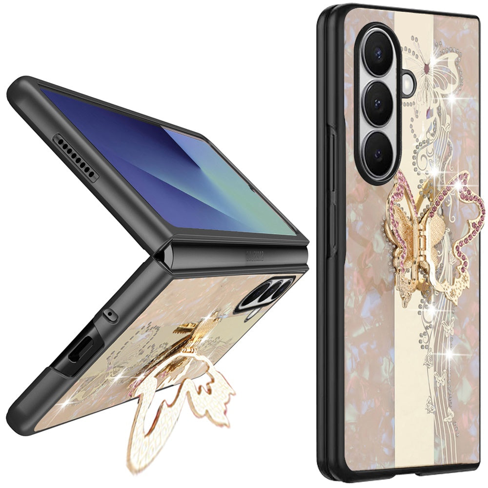 Phone Case for Samsung Galaxy Z Fold 8 Ultra Diamond Glitter Butterfly Engraved Ring Stand Luxury Bling Hybrid Shockproof Chrome Edge Protective Durable Grip Cover