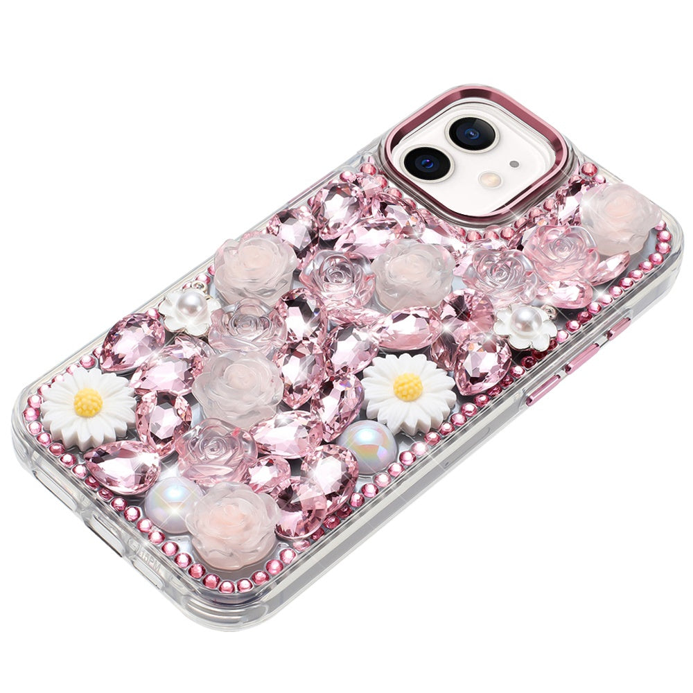 For Apple iPhone 16e Fashion Daisy Floral Series, Full 3D Bling Crystal Diamonds Sparkling Rhinestone Glitter Hybrid Design Case Cover