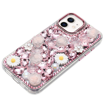 For Apple iPhone 16e Fashion Daisy Floral Series, Full 3D Bling Crystal Diamonds Sparkling Rhinestone Glitter Hybrid Design Case Cover