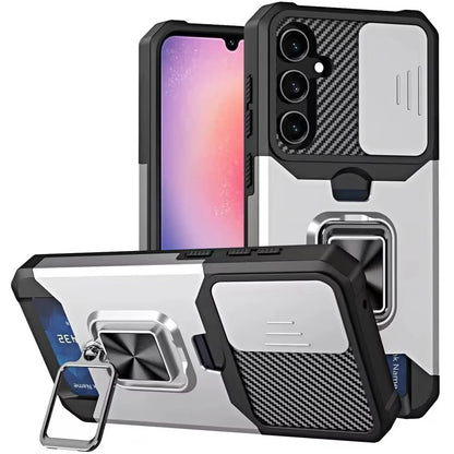 For Samsung Galaxy A26 Wallet Case with Ring Stand & Slide Camera Cover Back Credit Card Slot Holder, Military Grade Case Cover Silver