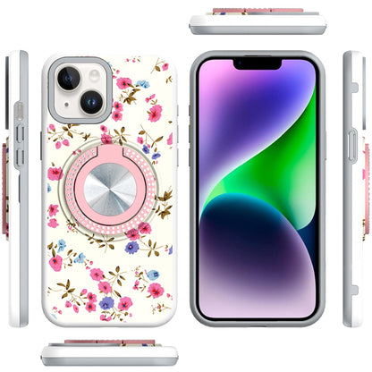 Phone Case for iPhone 14/13 Magnetic Ring Stand Matte Metal Hybrid Car Mount Friendly Shockproof Rotational Grip Diamond Design Pattern Cover