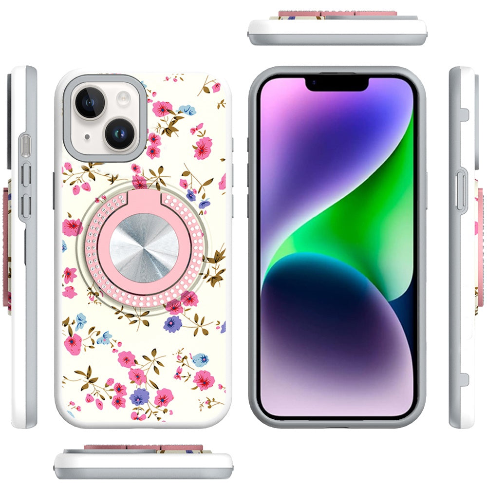 Phone Case for iPhone 14/13 Magnetic Ring Stand Matte Metal Hybrid Car Mount Friendly Shockproof Rotational Grip Diamond Design Pattern Cover