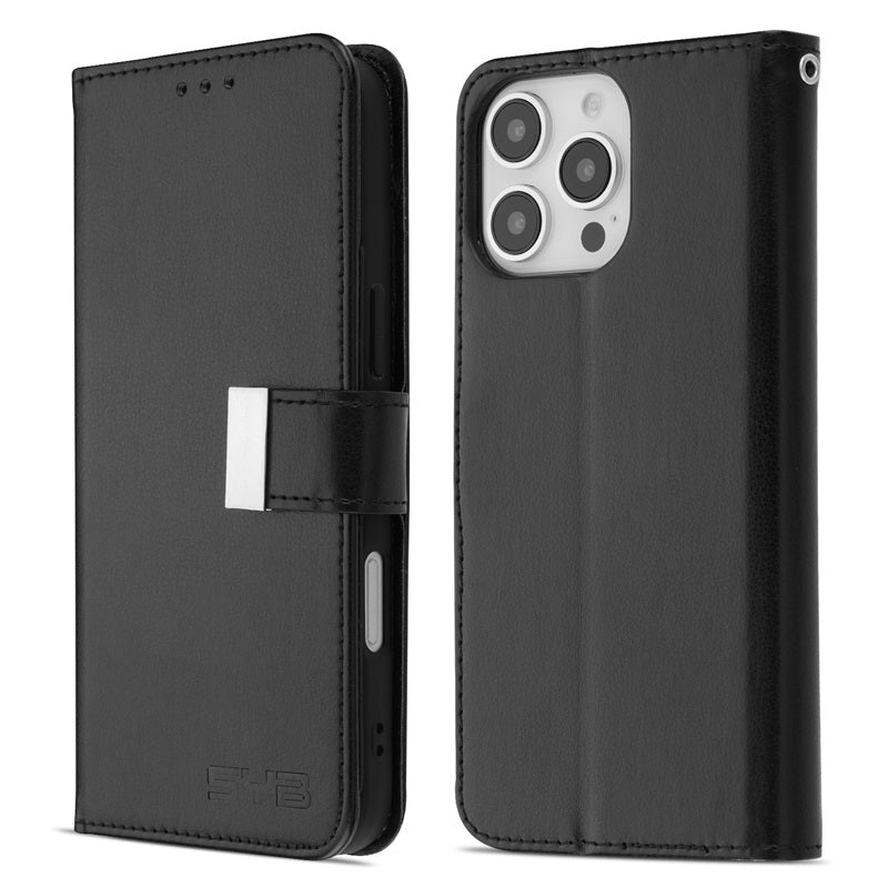 For Leather Wallet Folio Case with Credit Card Slots Pouch Cover for Apple iPhone 16 Pro Max - Black Case Cover Black