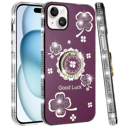 Phone Case for iPhone 15 Plus (6.7") Glitter Diamond Ring Stand Sparkle Rhinestone Edge AntiSlip Kickstand Luxury Fashion Bumper Shockproof Cover Red