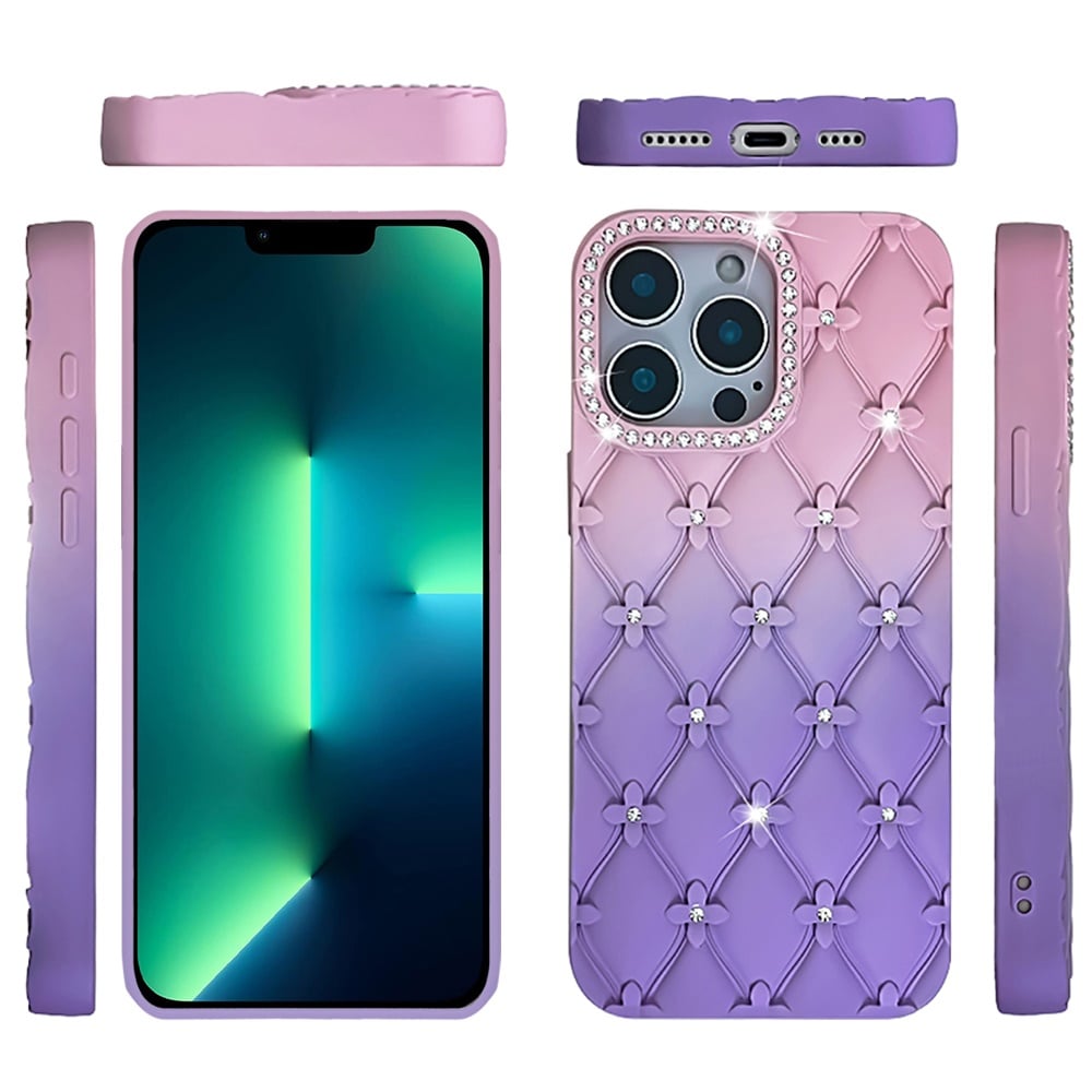 For Apple iPhone 13 Pro Fashion Flower Design Sparkle Glitter Shimmer Rhinestone Bling Floral Accents, Leather Texture TPU Case Cover Light Pink/Light Purple