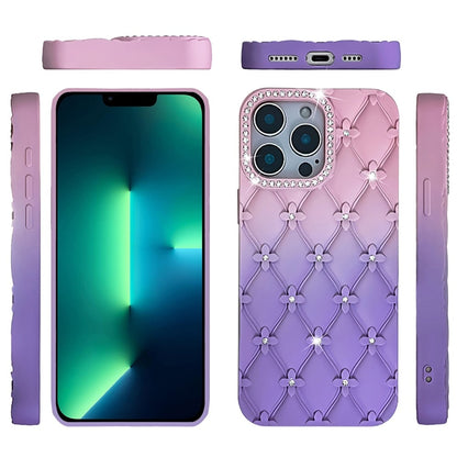 For Apple iPhone 13 Pro Fashion Flower Design Sparkle Glitter Shimmer Rhinestone Bling Floral Accents, Leather Texture TPU Case Cover Light Pink/Light Purple