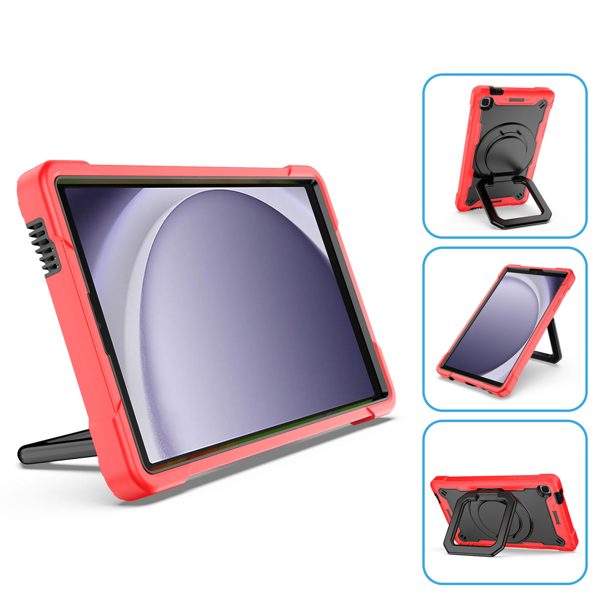 For Tough Hybrid 3 in 1 Case with 180° Rotating Kickstand, Adjustable Shoulder Strap, Shockproof TPU Rubber PC Red / Black Tablet Case Cover