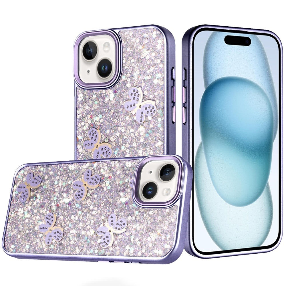Phone Case for Apple iPhone 15 Cute Butterfly Diamond Glitter Metallic Hybrid Shockproof Shimmer Grip Stylish Protective Luxury Designer Cover Purple