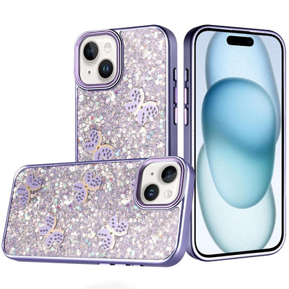 Phone Case for Apple iPhone 15 Cute Butterfly Diamond Glitter Metallic Hybrid Shockproof Shimmer Grip Stylish Protective Luxury Designer Cover Purple