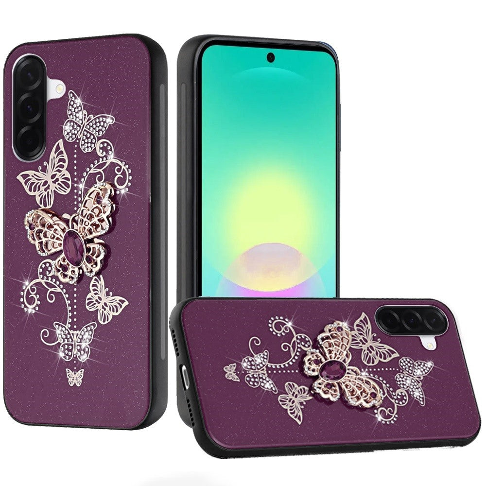 Phone Case for Samsung Galaxy A27 Diamond Glitter 3D Butterfly Engraved Luxury Bling Hybrid Shockproof Chrome Edge Protective Durable Grip Cover Purple
