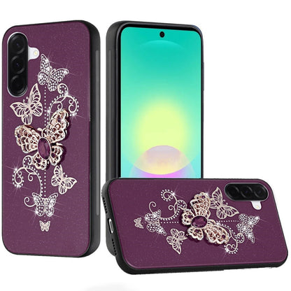 Phone Case for Samsung Galaxy A27 Diamond Glitter 3D Butterfly Engraved Luxury Bling Hybrid Shockproof Chrome Edge Protective Durable Grip Cover Purple