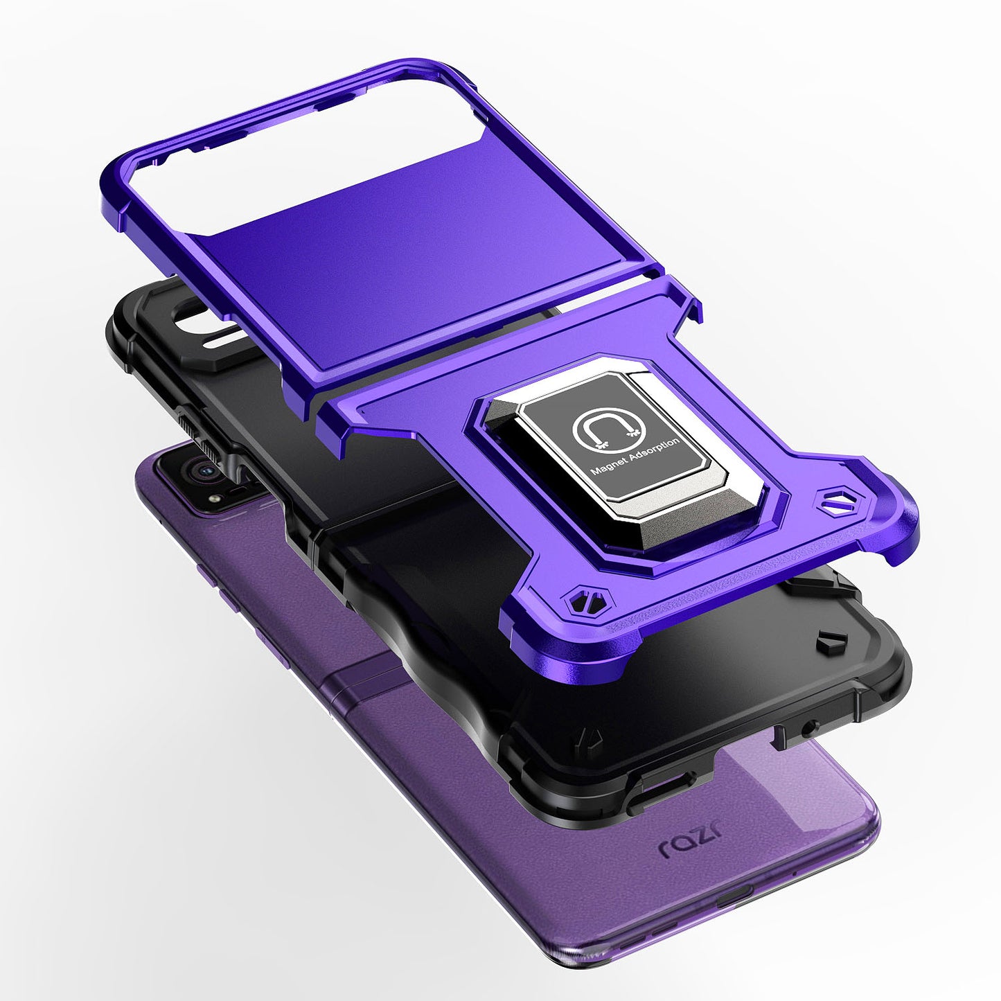 For Motorola Razr 2023 Hybrid Stand Magnetic Ring Holder Kickstand Heavy Duty Rugged Drop Silicone & Hard PC Shockproof Case Cover Dark Purple