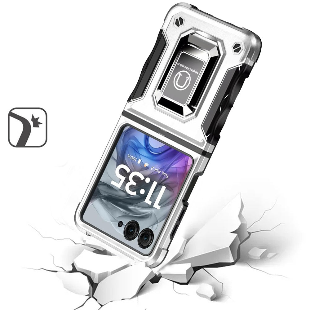 Phone Case for Motorola Razr 2026, Razr 2025, Razr 2024 Shockproof Magnetic Ring Stand Hybrid Kickstand Armor 360 Rotation Anti-Slip Grip Military Grade Drop Resist Cover Silver