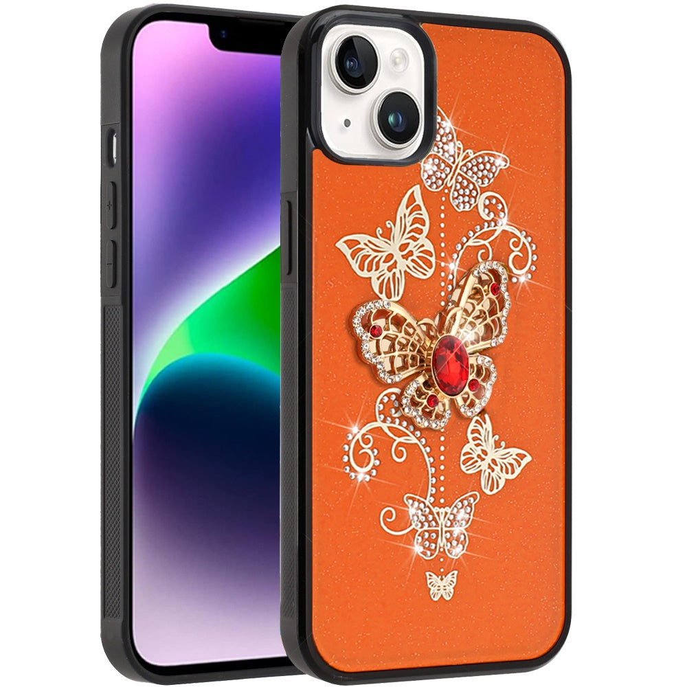 Phone Case for Apple iPhone 14/13 Diamond 3D Fashion Floral Glitter Engraved Luxury Bling Hybrid Shockproof Chrome Edge Protective Grip Cover Garden Butterflies Cosmic Orange