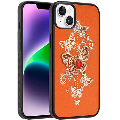 Phone Case for Apple iPhone 14/13 Diamond 3D Fashion Floral Glitter Engraved Luxury Bling Hybrid Shockproof Chrome Edge Protective Grip Cover Garden Butterflies Cosmic Orange