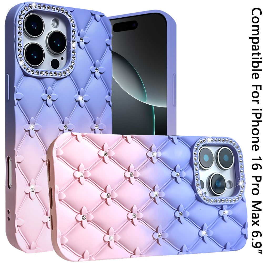 For iPhone 16 Pro Max (6.9") Fashion Flower Design Sparkle Glitter Shimmer Rhinestone Bling Floral Accents, Leather Texture TPU Case Cover