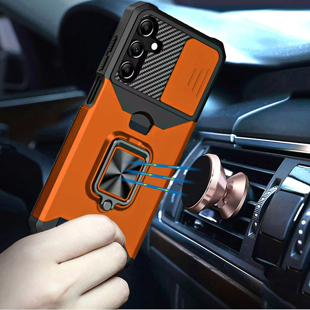 For Samsung Galaxy A16 5G Wallet Case with Ring Stand & Slide Camera Cover Back Credit Card Slot Holder, Military Grade Case Cover Cosmic Orange