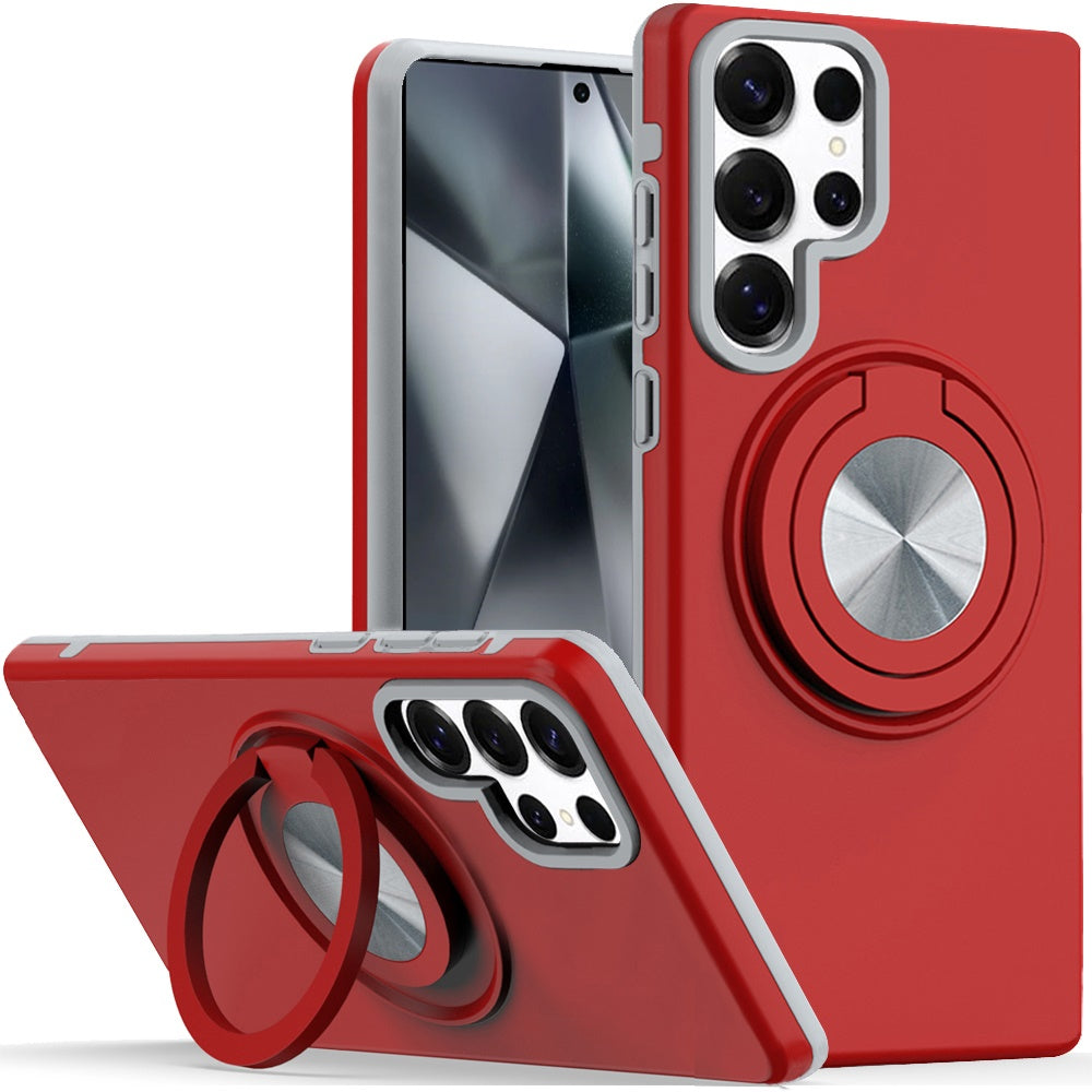 For Samsung Galaxy A17 5G Metal Matte Hybrid with Invisible Rotational Ring Stand, Car Mount Friendly, Military Grade Slim Fit Sturdy Case Cover Red