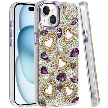 Phone Case for Apple iPhone 15 Luxury Crystal Heart Rhinestone Diamond Bling Shockproof Hybrid Glitter Protective Stylish Durable Grip Cover