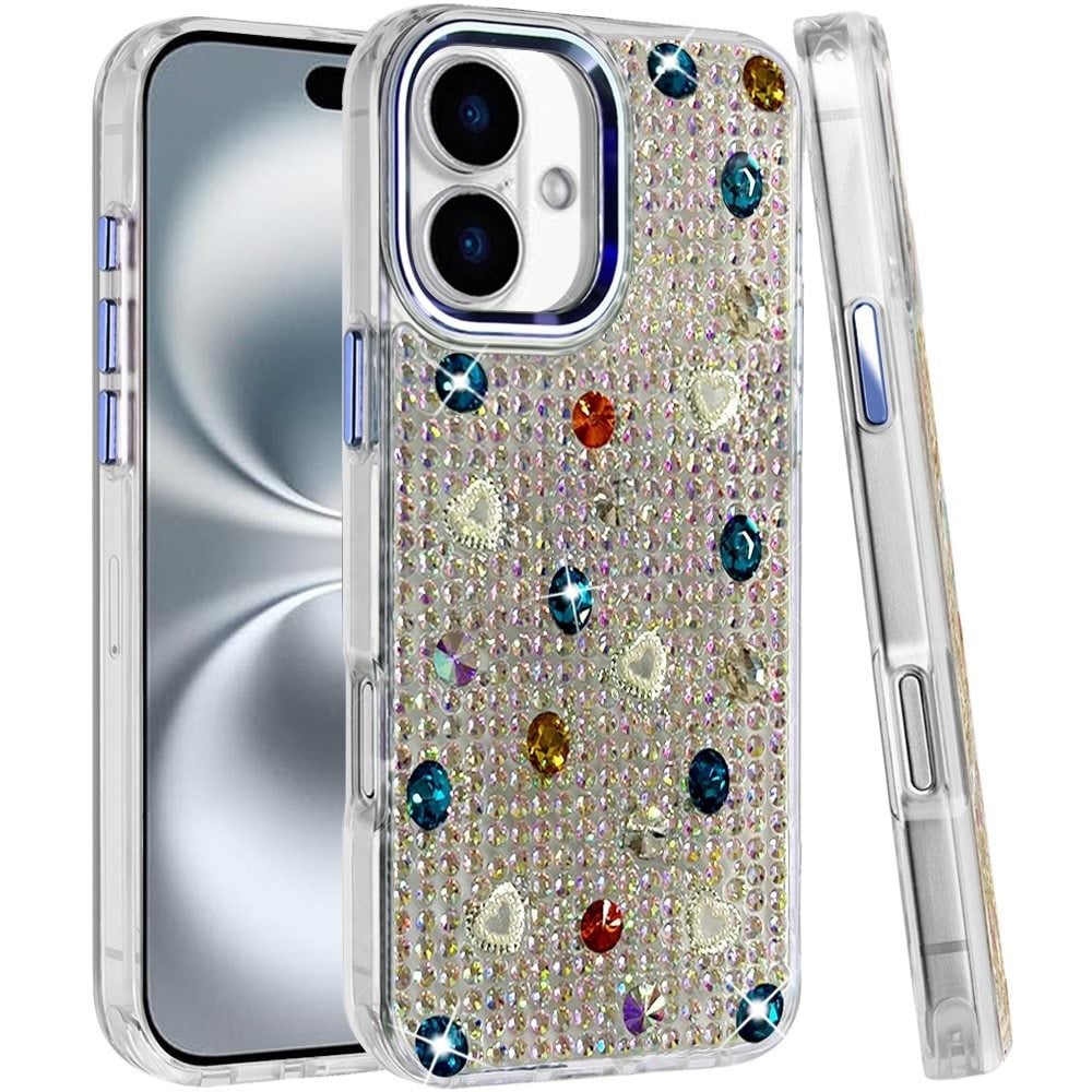Phone Case for Apple iPhone 16 Chrome Fashion Hybrid Bling Diamond Heart Rhinestone Decorative Stones Sparkling Embellished Design Cover