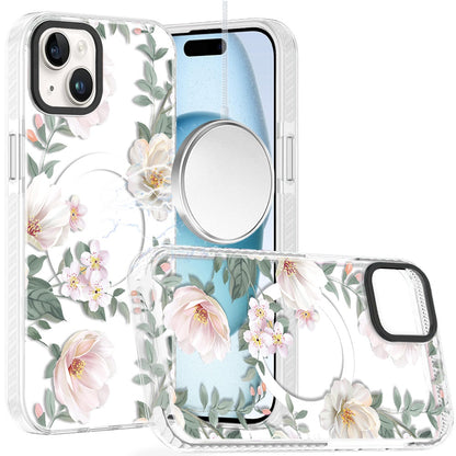Phone Case for iPhone 15 Magnetic Hybrid IMD Floral Compatible with MagSafe Shockproof Slim Hybrid Fashion Design TPU Protective Cover Light Floral with Gray Leaves