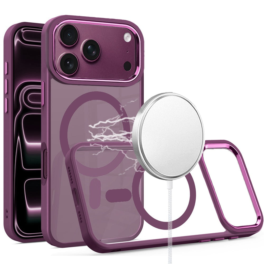 Phone Case for Apple iPhone 18 Pro/ 17 Pro Clear Acrylic Magnetic Circle Shockproof Hybrid Metal Button TPU Drop Protection Rugged Slim Durable Armor Cover Purple